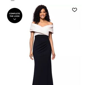 Betsy & Adam Black and White Off-Shoulder Maxi Gown